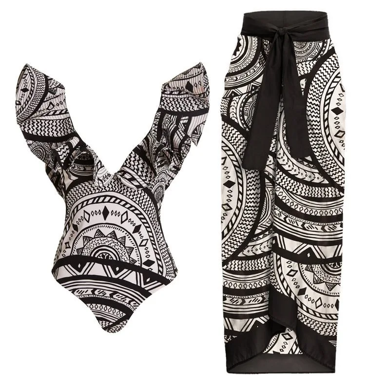 

Women Swimsuits Black and White Striped Swimsuit with Roller Prints and Deep V-Neck Ruffle Collar, Paired with a Cover Up