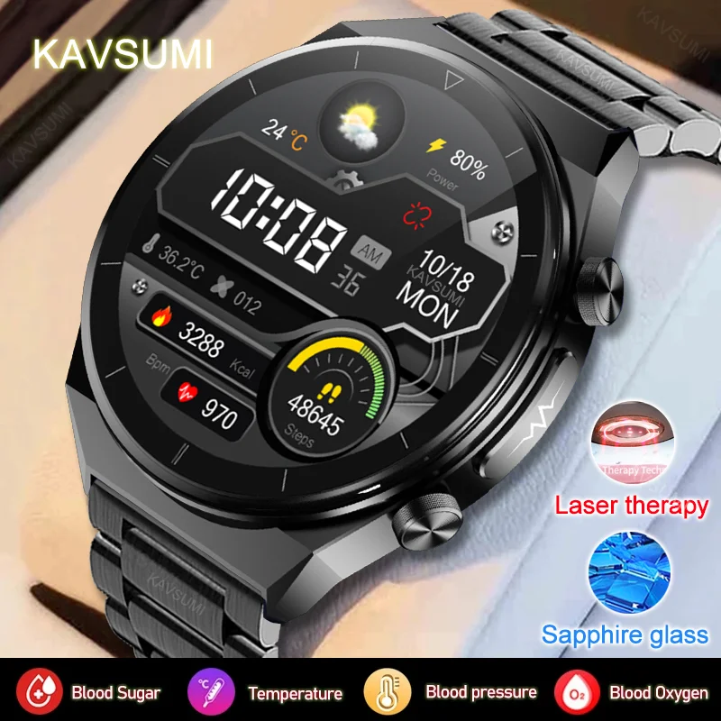 

Sapphire Glass Screen Smartwatch Blood Sugar Blood Pressure Body Temperature Health Monitoring Laser Therapy Smart Watch for Men
