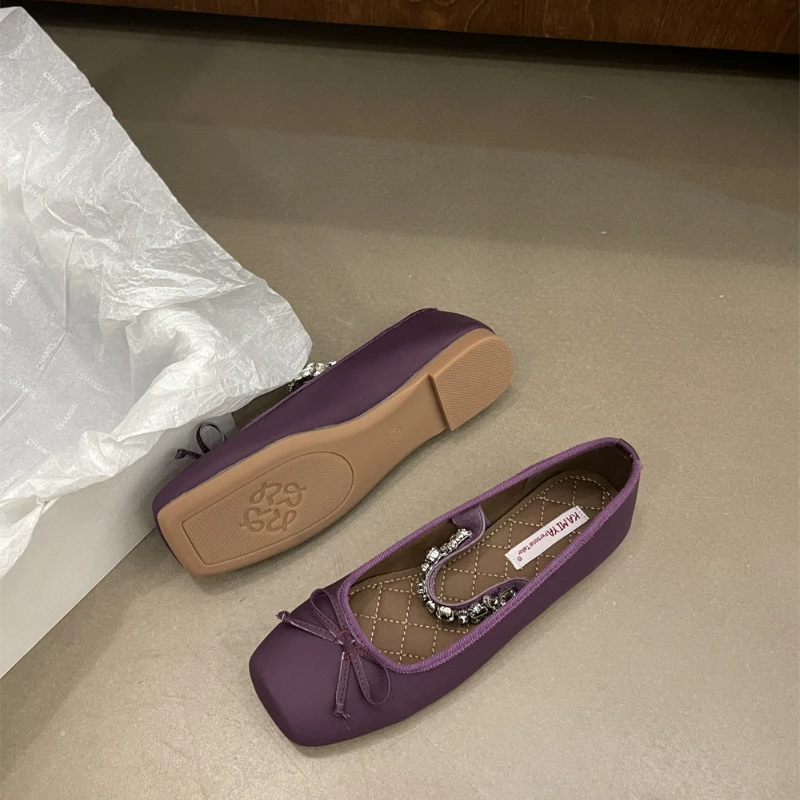 Туфли женские Металлические Блестящие на плоской подошве с квадратным бантом