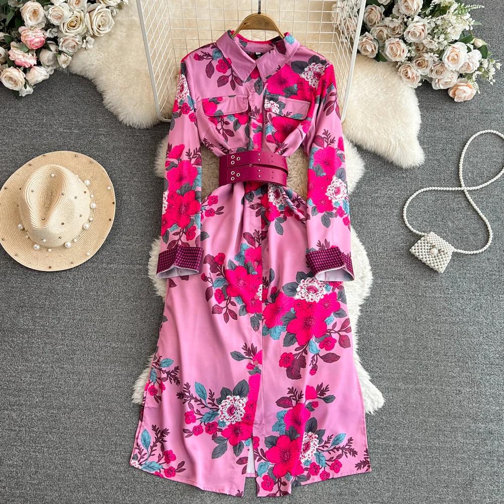 

Autumn Midi Shirt Dress for Women Floral Long Sleeve Lapel Breasted Leather Belt High Street Vestidos Chic Luxury Hem Dresses