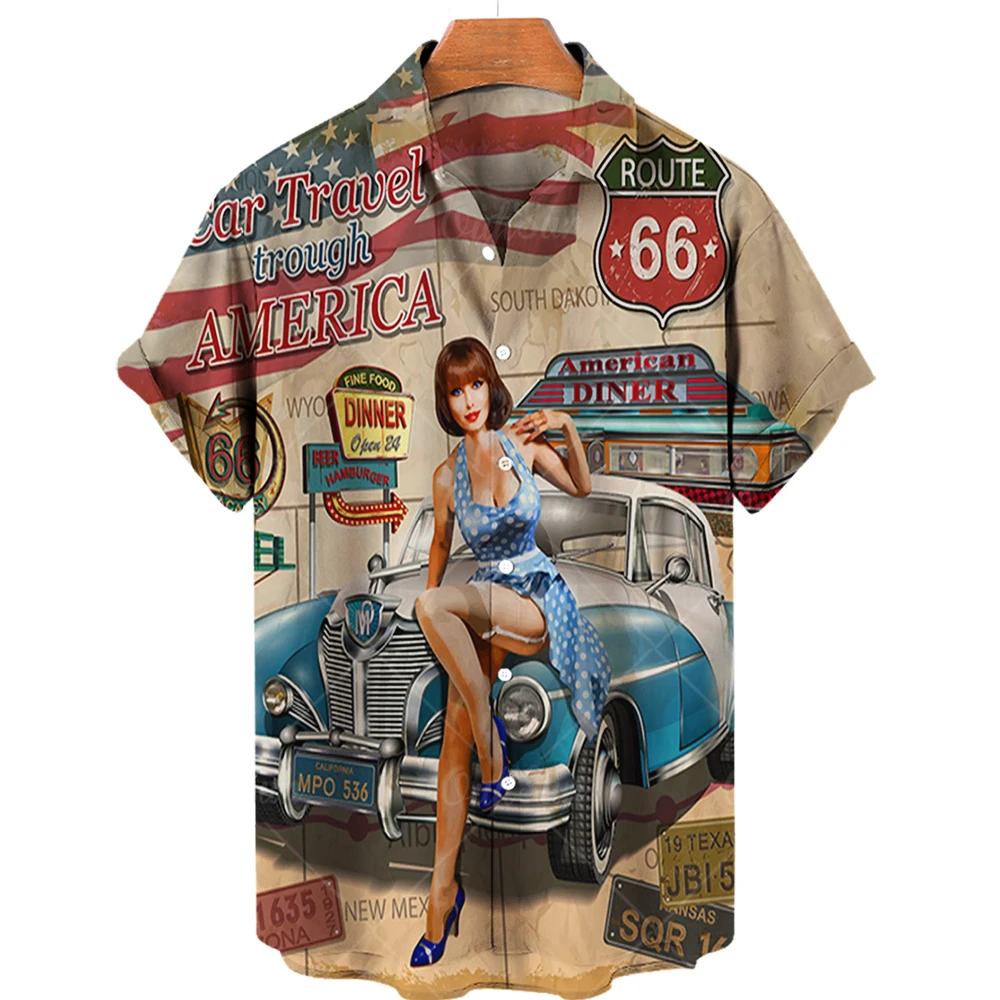 New Vintage Men's Shirts Route 66 Sexy Girls Hawaiian Shirts for Men Oversized Short Sleeve Tops Men Clothing Summer Luxury Tee