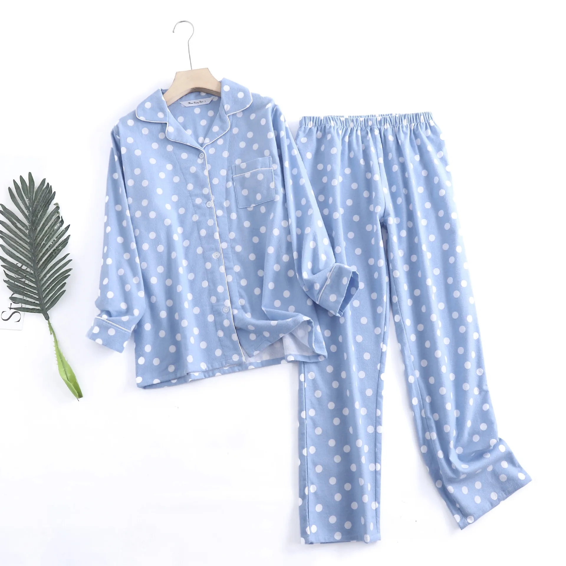 Cotton Flannel Trouser Pajamas Suit for Home Wear Simple Printed Loose Autumn and Winter Long Sleeve Pant Pyjamas Women Sets