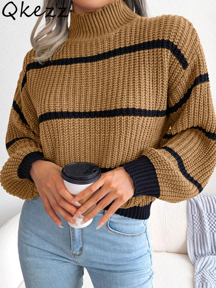 

Qkezz Striped Knitted Sweater Loose Turtleneck Women Sweater Casual Lantern Sleeve Jumper 2022 Autumn Winter Lady Pullover