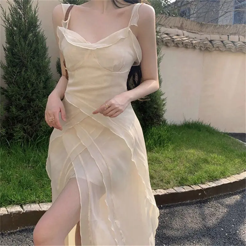 

2022 New French Vintage Suspender Dress Women Mesh Gentle Sexy V-neck Summer Evening Dresses Elegant Sleeveless Backless