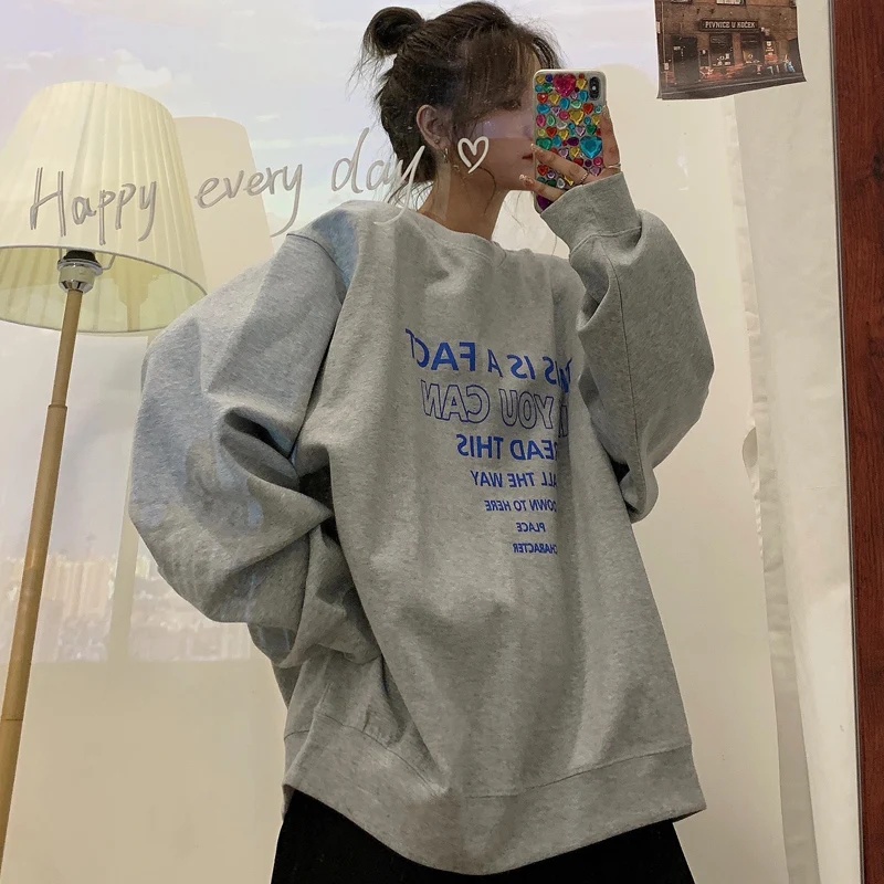 

Autumn Korean Hoodies Women Gray White Basic Thin Letter Female Sweatshirt Loose Hoodie Pullovers M-XL Size