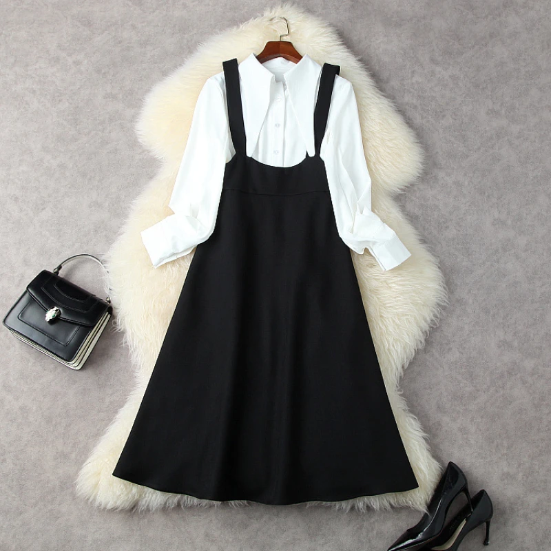 

2022 New Long Sleeved White Shirt Straps Black Skirt Fashion Suits European and American Women's Wear Spring Woman Dress
