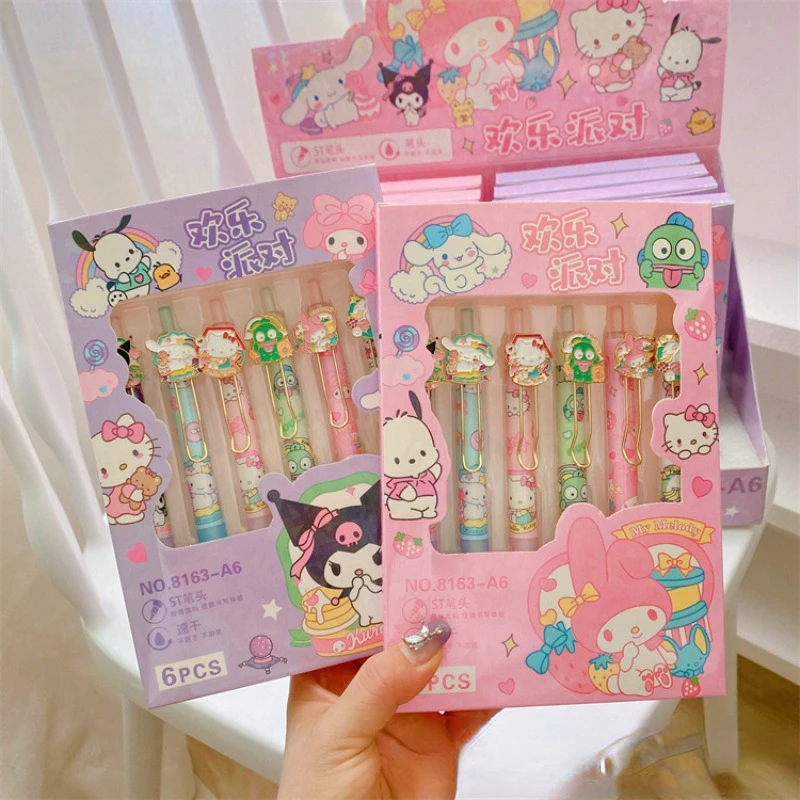 

6 Pcs Sanrio Hello Kitty My Melody Kuromi Cinnamoroll Press Gel Pen 0.5mm Black Refill Marker Pen Children's Learning Stationery