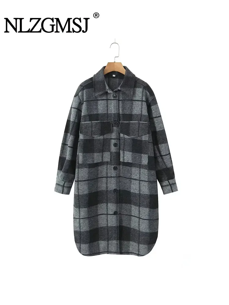 

Длинная клетчатая Женская Осенняя рубашка большого размера в клетку Nlzgmsj TRAF, Женская винтажная свободная однобортная длинная куртка