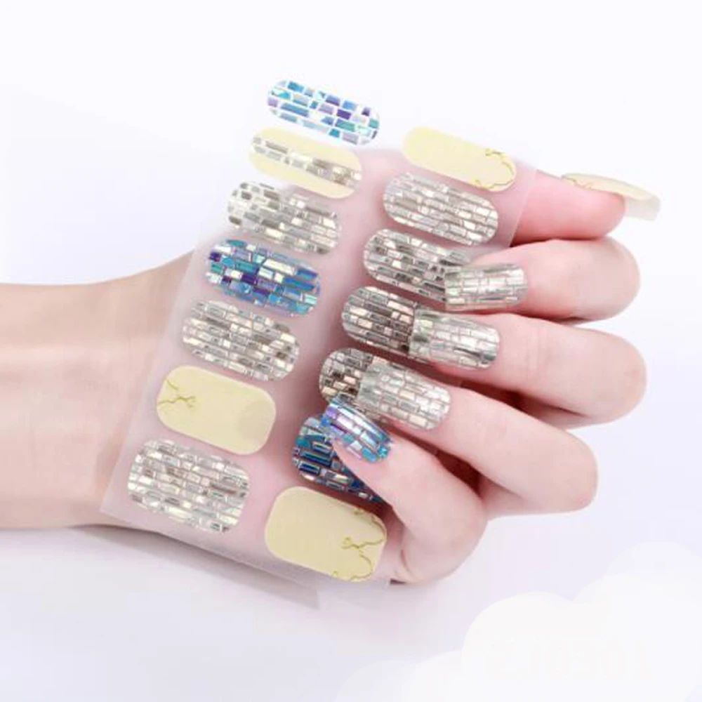 

Newest Bronzing Laser Nail Art Stickers Adhesive 3D Decorated Wearable Fake Nails Wraps Tips Full Cover Fingernail Decals Decors