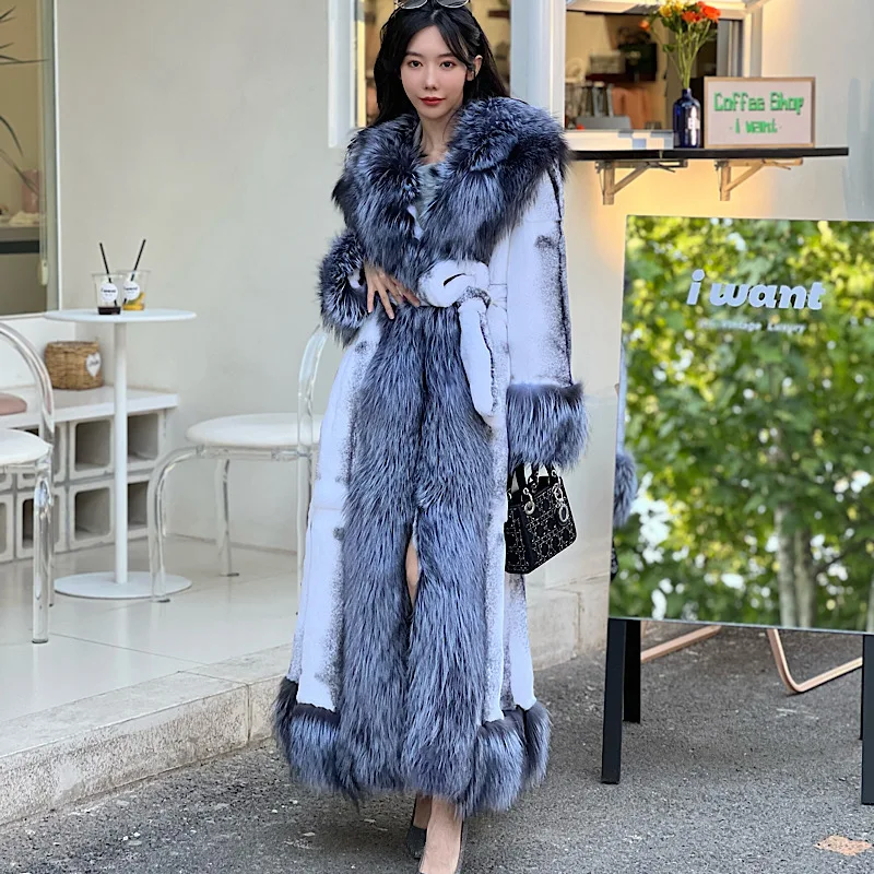 Женское длинное пальто из натурального меха кролика Рекс зимнее с воротником