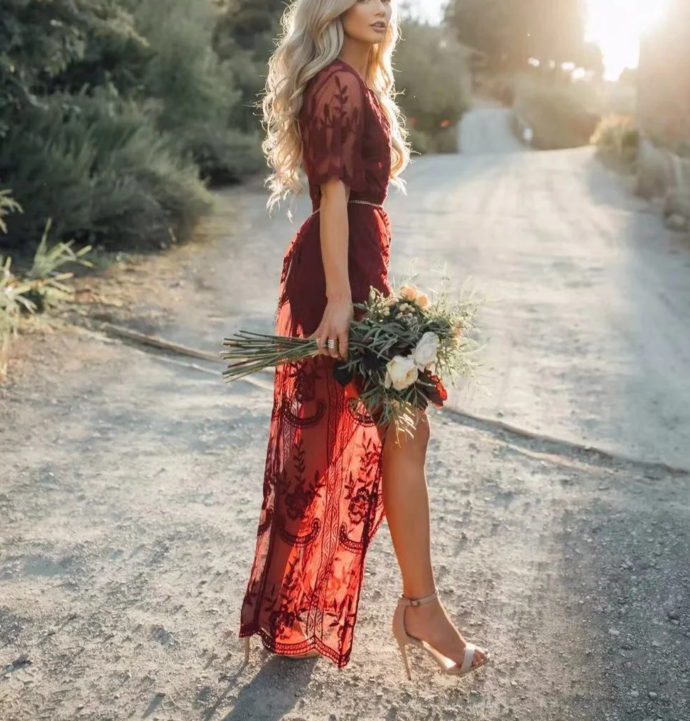 

Happie Queens Women Solid Short Sleeve Beach Sexy Loose Bohemian Maxi Dress Ladies V-neck Lace Boho Sundress Vestidos