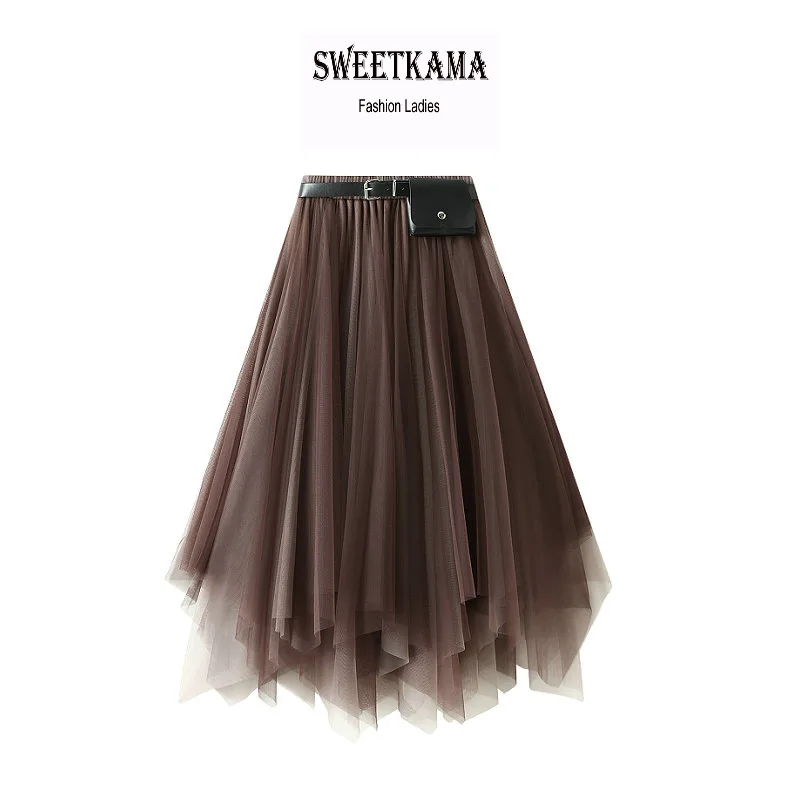 

Irregular Skirt Mid-length Black Large Swing Skirt Super Fairy Lace Mesh Skirt Women Chiffon Floral Cover Ups Pleated Skirt