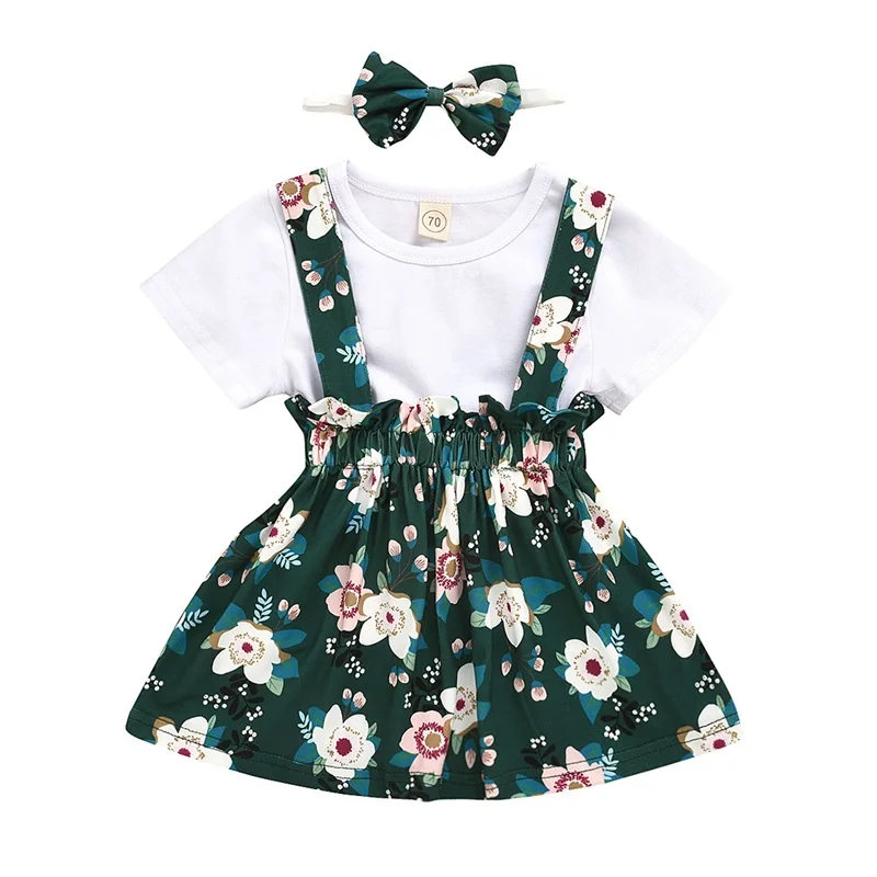 

Baby Short Sleeve Tops + Suspender Skirt + Bow Headband, Flower Pattern Sweet Style Spring Clothing
