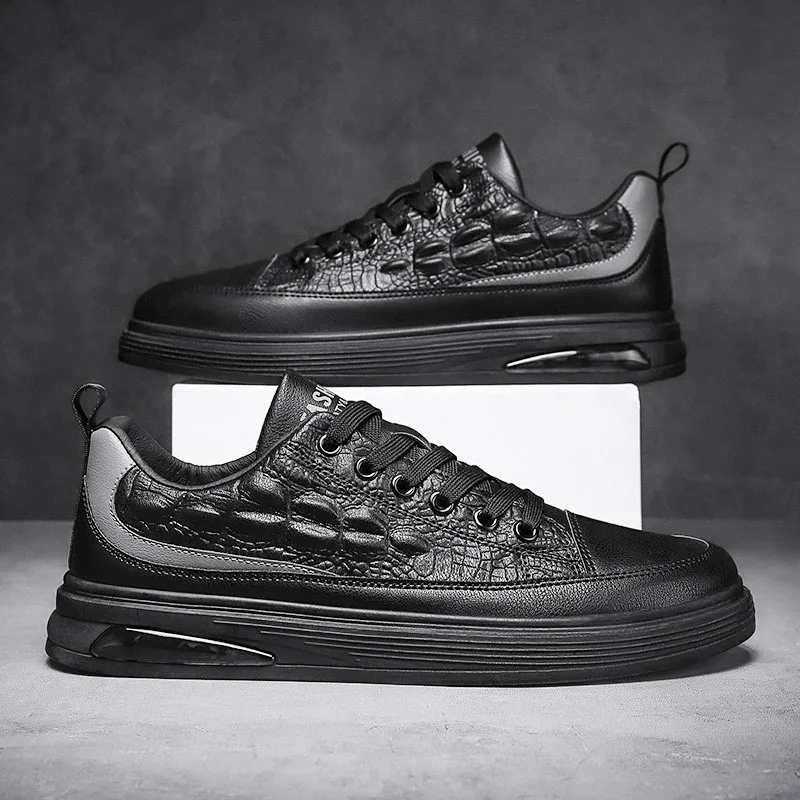 

2022 Spring New Men Leather Casual Shoes for Man Street Style New Alligator Print Flat Skateboard Shoes Youth Sneakers