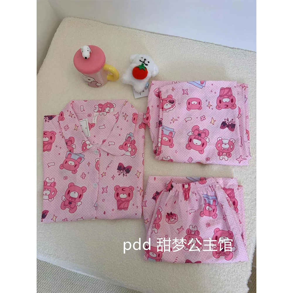 Фото Комплект из 3 предметов: женская пижама с принтом Gloomy Bear, с отложным воротником, длинными рукавами и брюками, милая мультяшная домашняя одежда для сна №2