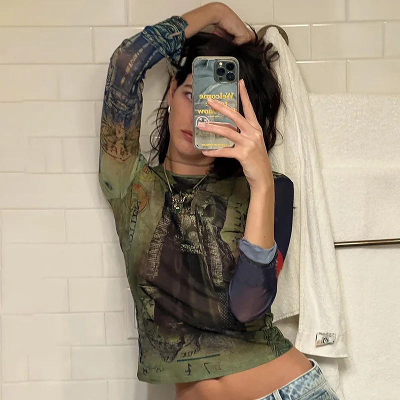 

00s Retro Indie Graphic Print T-shirt Autumn Long Sleeve Slim Fit Tees Women Harajuku Grunge Cyber Edgy Mesh Sheer Crop Tops Y2K