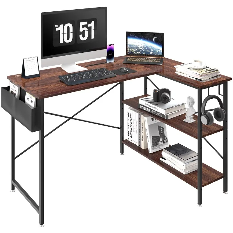 

BENTISM L Shaped Computer Desk Corner Desk W/ Shelves and Storage Bag 47in Gaming Desk, Home Office Writing Desk