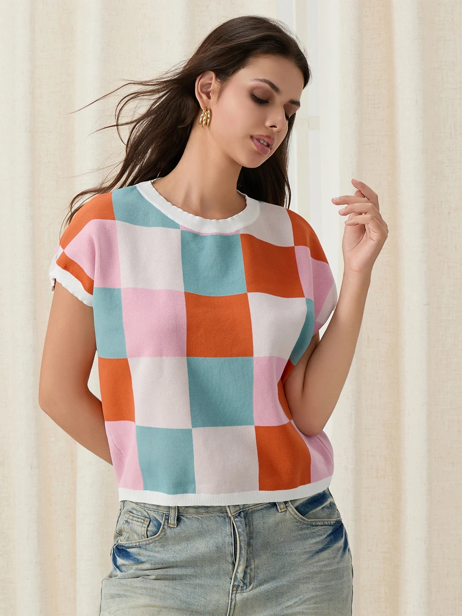 Женские трикотажные топы в рубчик с коротким рукавом и круглым вырезом