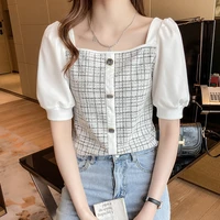 plaid top women short sleeved 2022 summer fashion square collar short puff sleeve short shirt exposed collarbone button up top