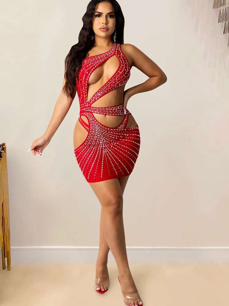 

Gorgeous Cut Out Crystal Mini Dress Summer Women Sleeveless Rhinestone Studded Skinny Party Club Dress Birthday Outfits