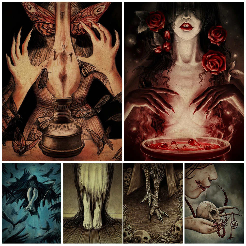 

Death And Crow Witch Element Art Poster And Prints Rose Witch's Witch Soup Vintage Wall Art Canvas Painting Home Decoration