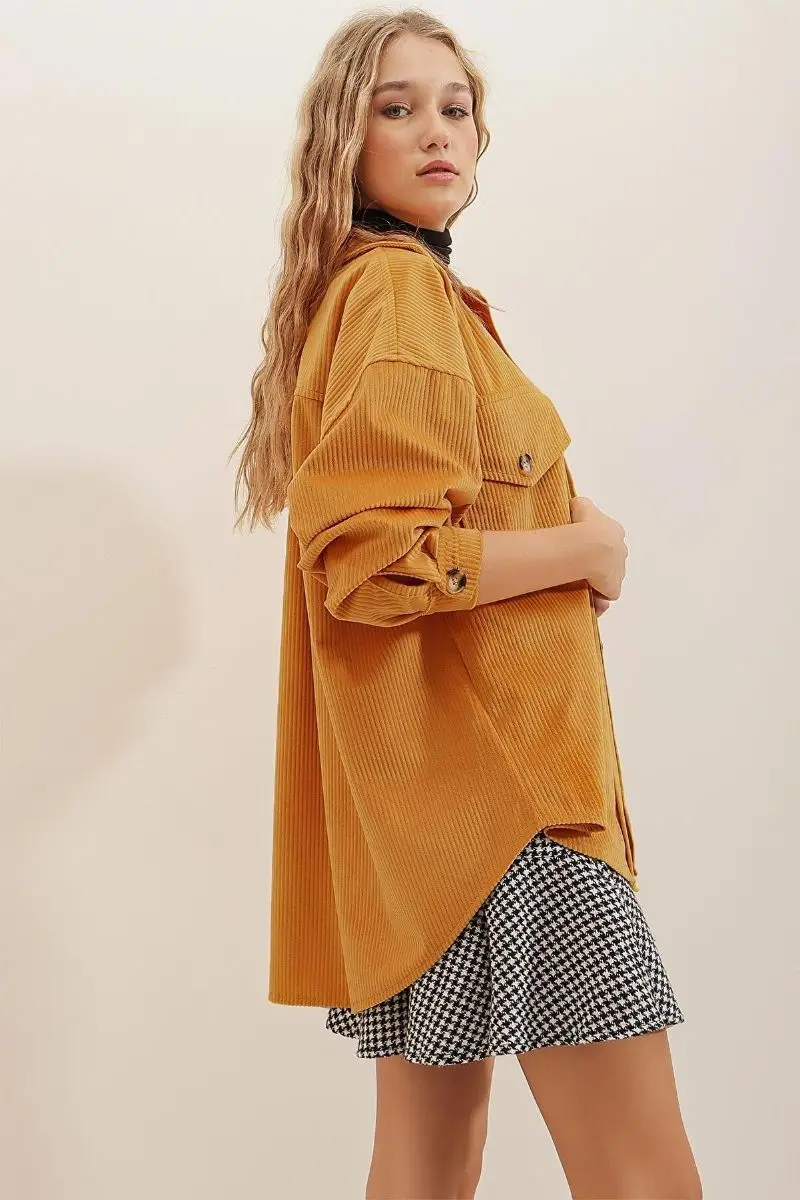 

Women's dark mustard velvet cotton double pocket Oversize jacket shirt Vgn-690-001