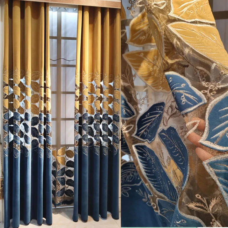 

New Dual Color Velvet Leaf Embroidery Hollowed Out Splicing Curtains Customized Finished Products for Living Room Bedroom