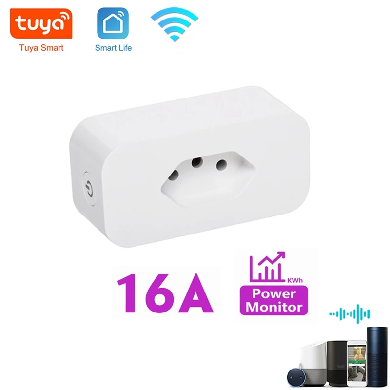 Розничная продажа Tuya 16A Бразилия стандарт Wi-Fi умная вилка с монитором мощности
