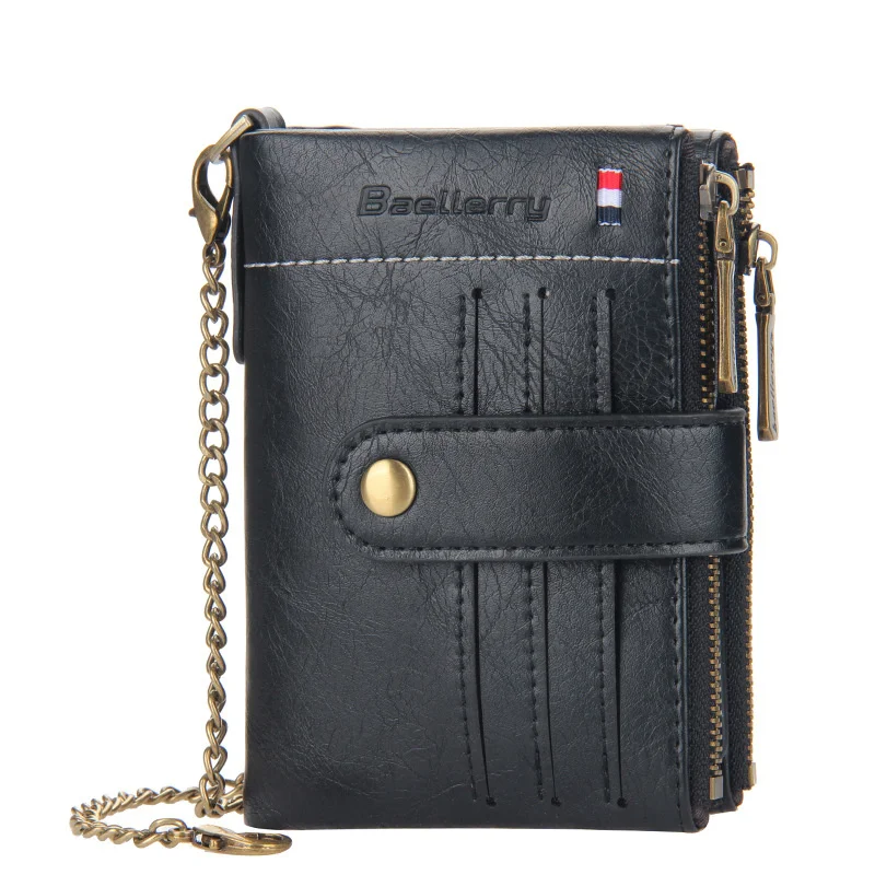

Multi-function Short Card Wallet Men Luxury Retro Small Purses Zipper Card Holder Coin Purse Vintage Leather Wallets With Chain