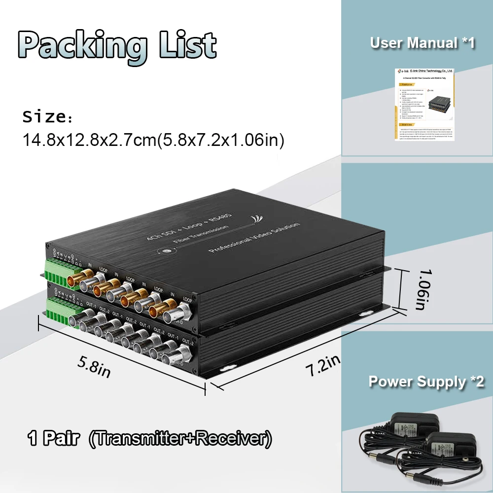 4CH SDI Fiber Optical Transceiver with Loop Output RS485 Tally HD/3G-SDI Over Fiber Converter Optic Extender Single Mode 20km
