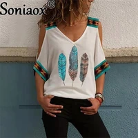 summer v neck hollow out off shoulder tops feather print casual women t shirt vintage loose short sleeve ladies pullover tshirt