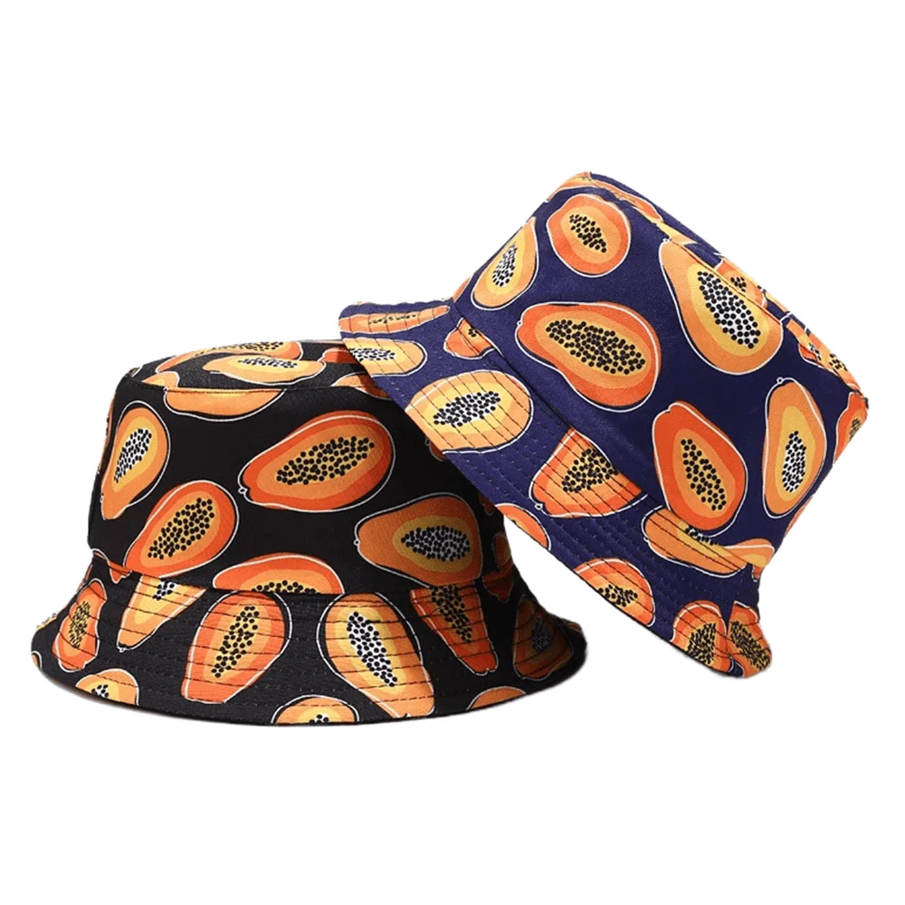

2023 New Tropical Fruit Papaya Pattern Bucket Hats Men Double Side Basin Caps Male Sunscreen Fisherman Hat Panama