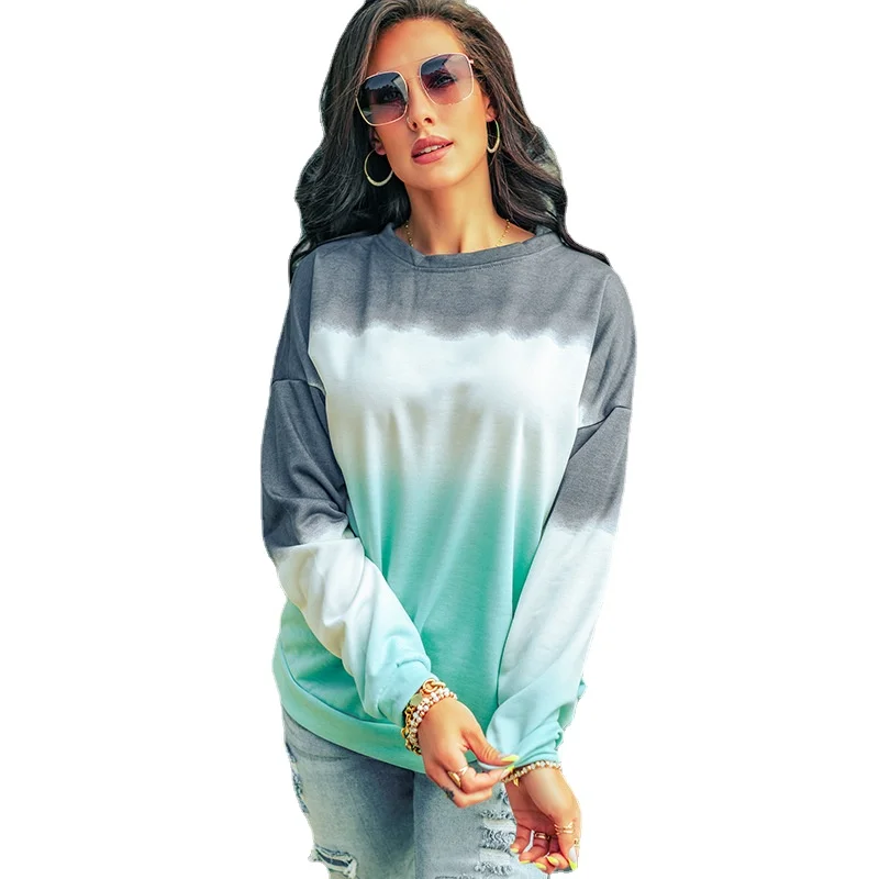 

Women Sweater Spring and Autumn New Fashion Loose Gradient Color Printing Round Neck Casual Tops