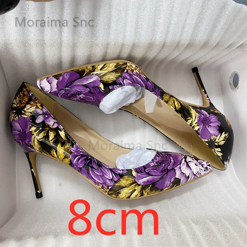 Purple Print Super High Heels Shoes for Women Pumps Flowers Pointed Toe Shallow Stiletto Wedding Party Shoes Female Spring