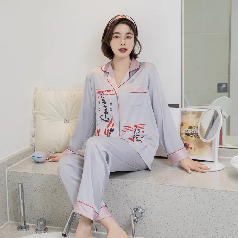 New ice silk couple pajamas Men's spring and summer simulation silk thin pajamas ladies sweet leopard print homewear suit