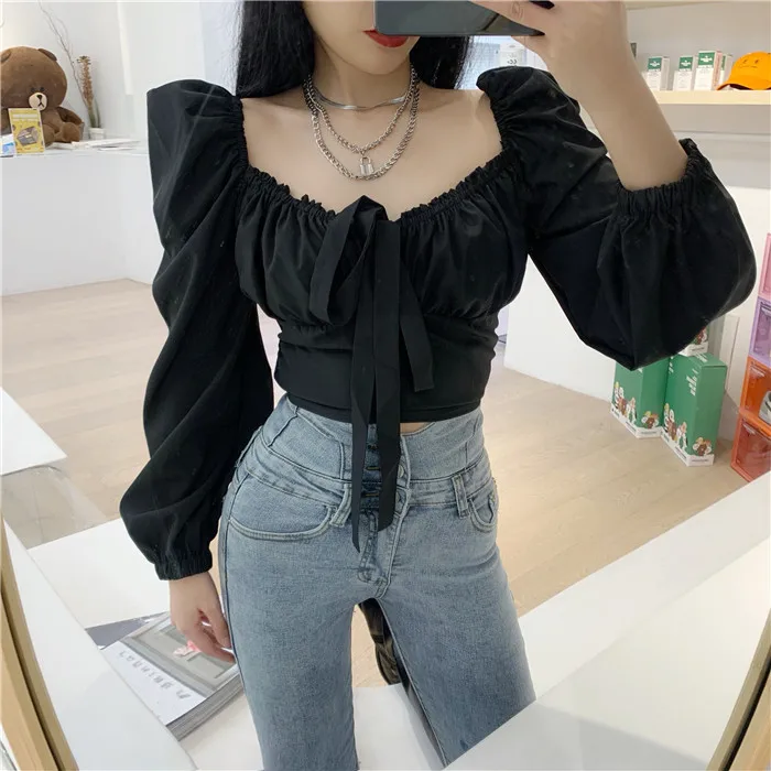 Французская винтажная Женская приталенная блузка на шнуровке с квадратным