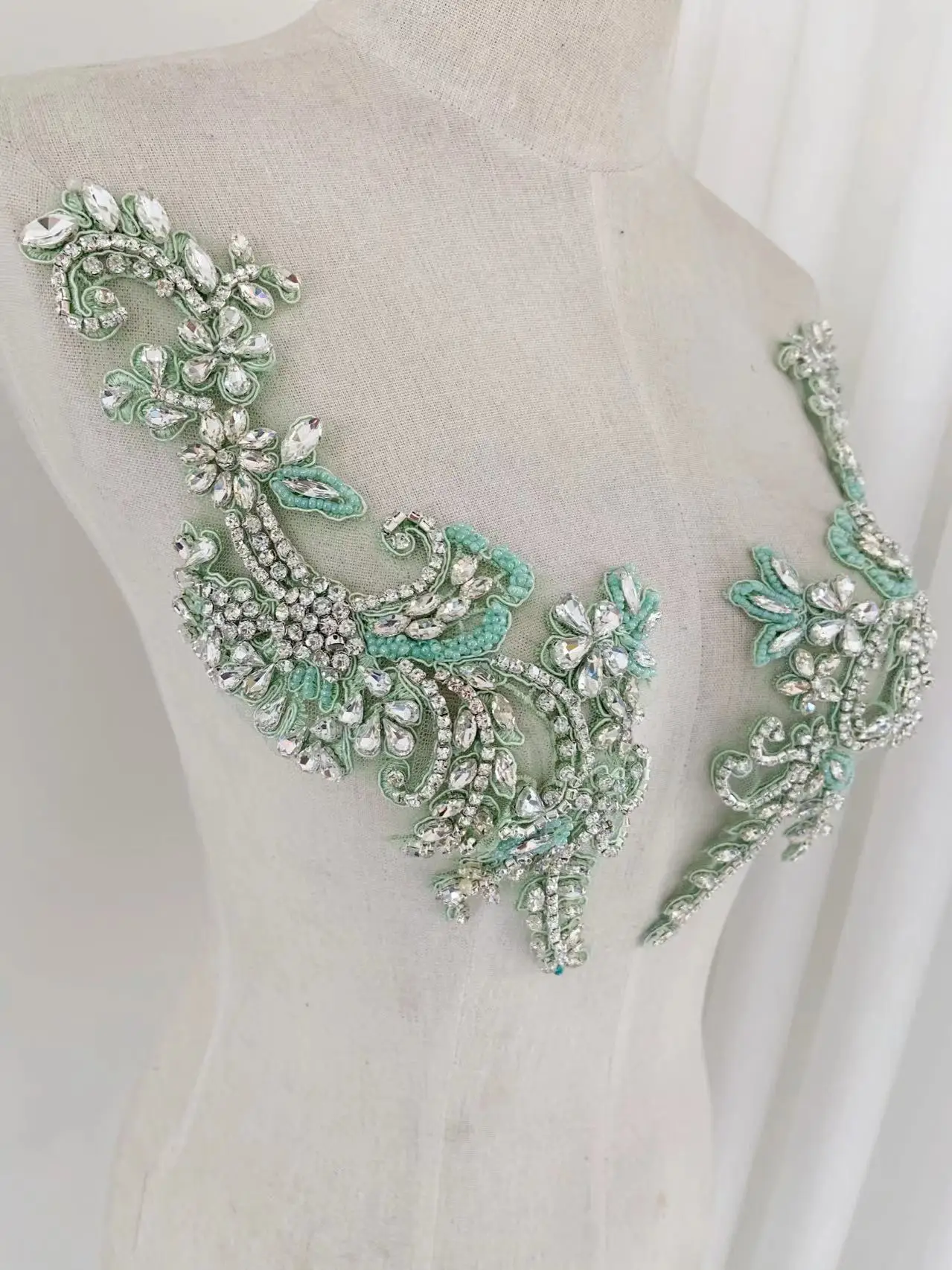 Luxury Mint Green Heavy Rhinestone Bead Applique Crystal Bodice Handcrafted Flowers Patch for Wedding Decor,Purple Ball Gown