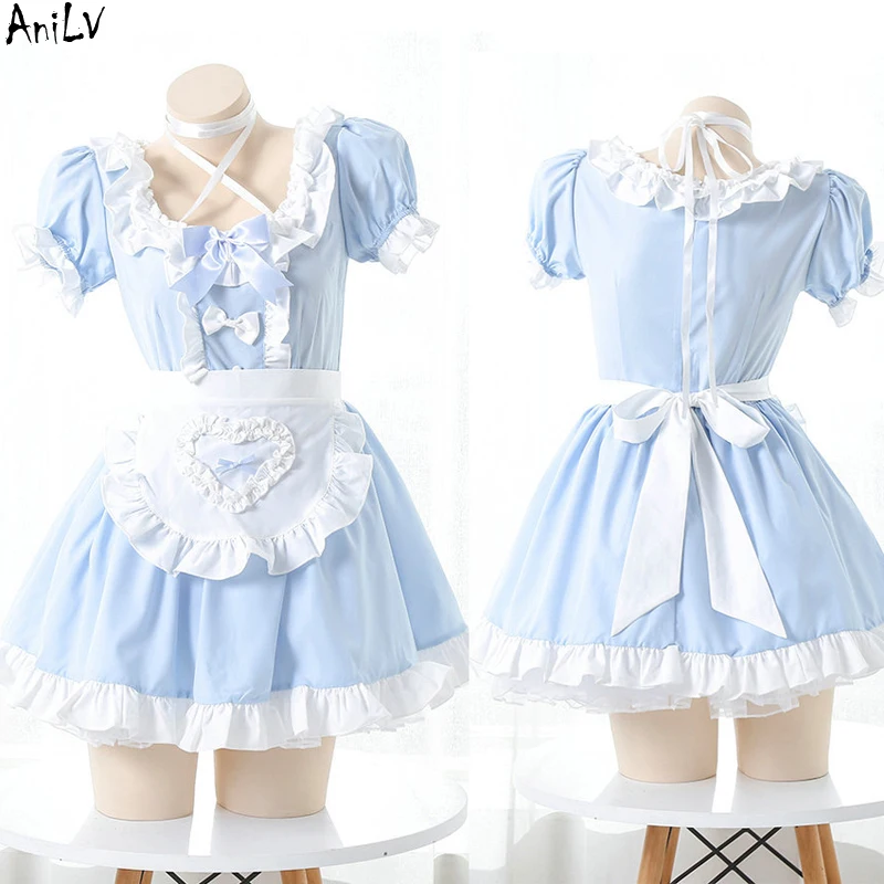 

AniLV Sweet Girl Anime Lolita Blue Maid Dress Uniform Costume Women Cute Apron Nightdress Outfit Cosplay