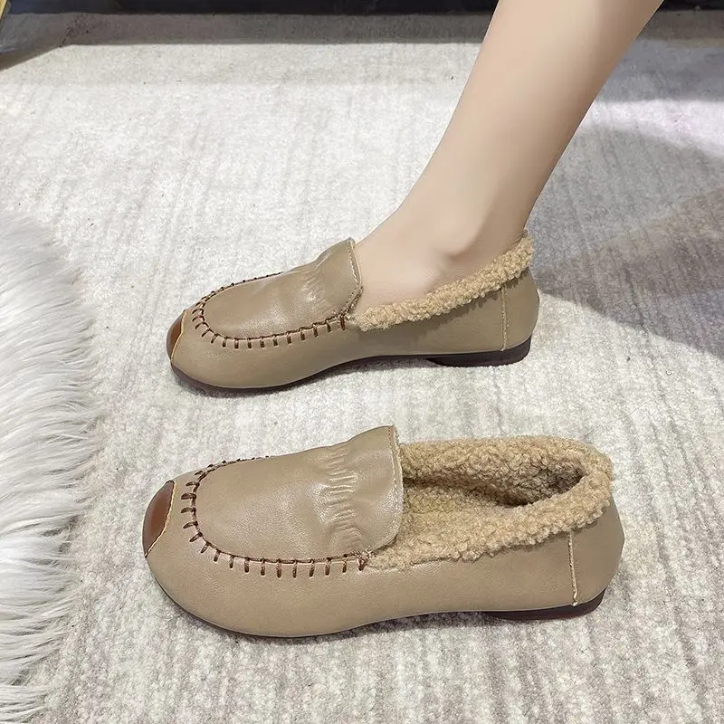 Women's Flats Leather Casual Winter Plush Flat Shoes Loafers Ladies Ankle Boots Warm Non-slip Shoes Girls Soft Moccasin Footwear