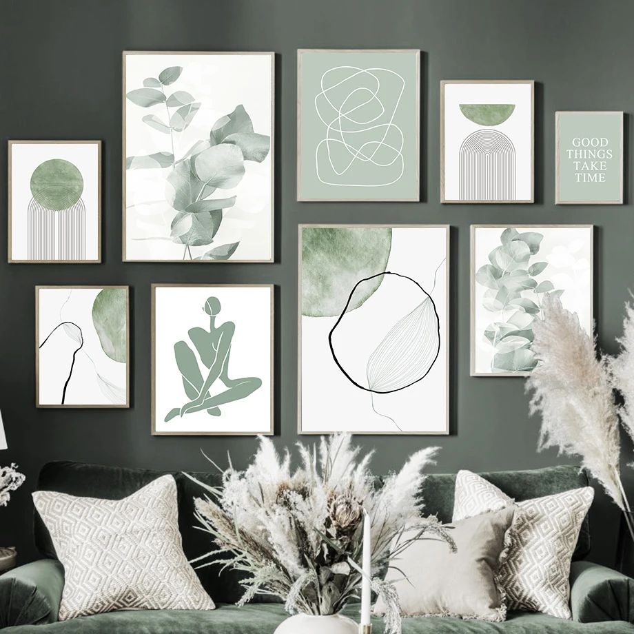 

Abstract Line Figure Leaves Poster Modern Home Decor Wall Art Canvas Painting Green Picture Minimalist Print Living Room Decor