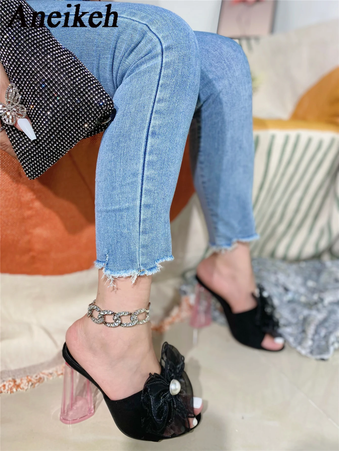 

Aneikeh 2024 Pink Glass Heel Sandals Slippers Women's Pointed Open Toe Flock Pearl Butterfly Knot High Heels Party Ball Mules