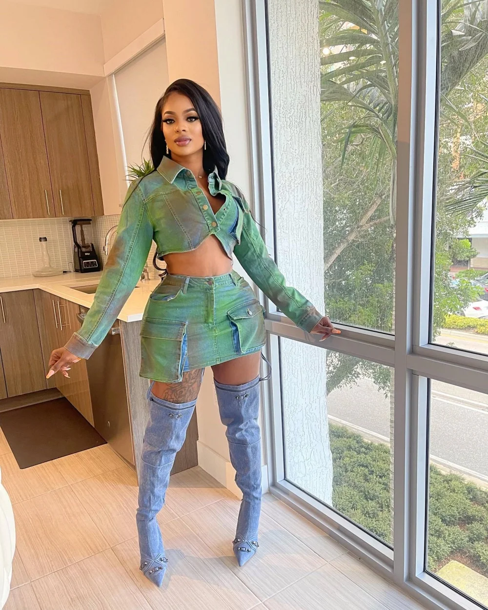 Весенняя женская джинсовая юбка с несколькими карманами комплект одежды