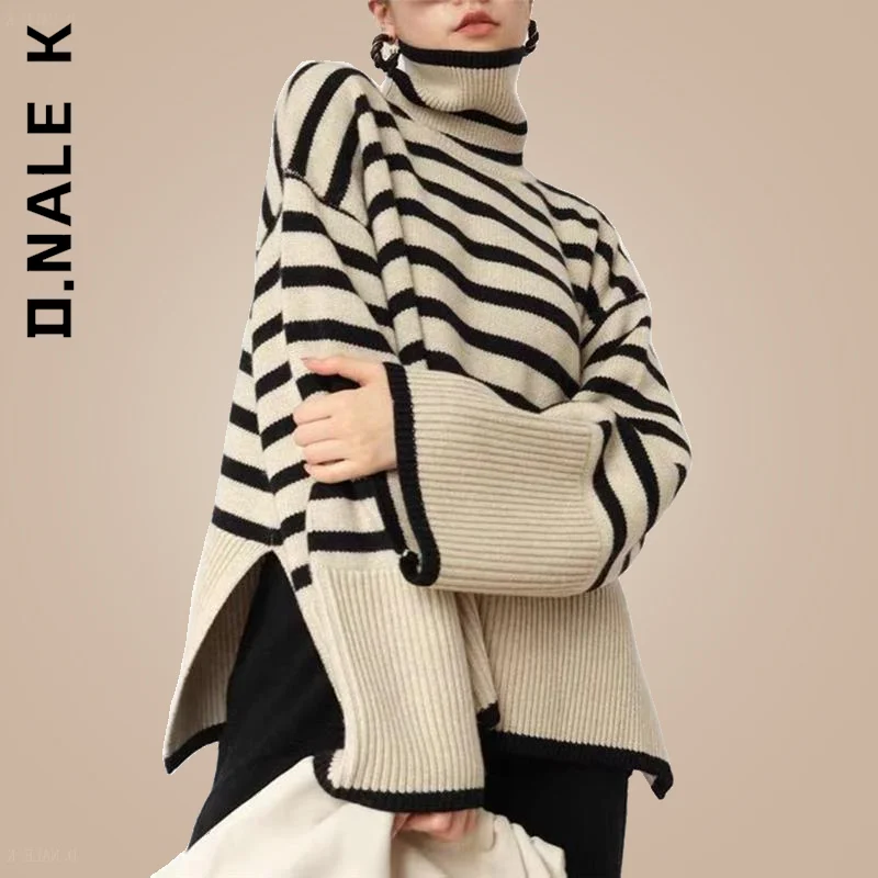 

D.Nale K Knitted Pullover Sweater Fashion Tops 2022 Women Striped High Collar Sweater New Autumn Winter Loose Design Jumper