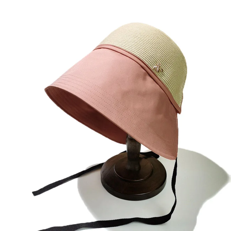 

Summer Women's Hat Straw Cloth Splicing Hepburn Basin Forked Foldable Bucket Hat Ladies Elegant Sun Bob Ricard Homme Cap