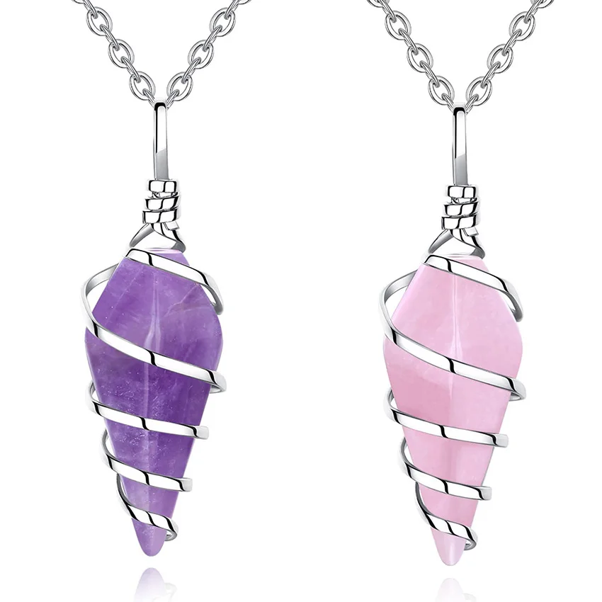 

Amethyst Rose Quartz Necklace Reiki Healing Crystal Hexagonal Pointed Wire Wrapped Natural Stone Pendant Necklaces Jewelry