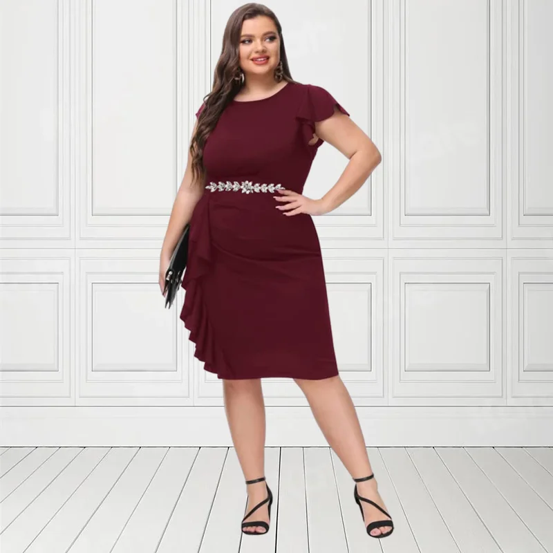 Plus Size Round Neck Stretch Ruffle Short Sleeve Dress 4XL 5XL White Bodyon Elegant Party Women Summer Clothes Midi Dress