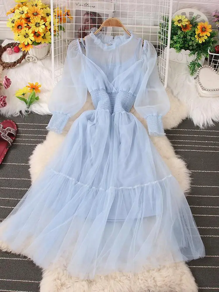 

Милое Сетчатое платье из двух частей в стиле Ins, женское дизайнерское пикантное летнее корейское платье средней длины с открытыми плечами и ...