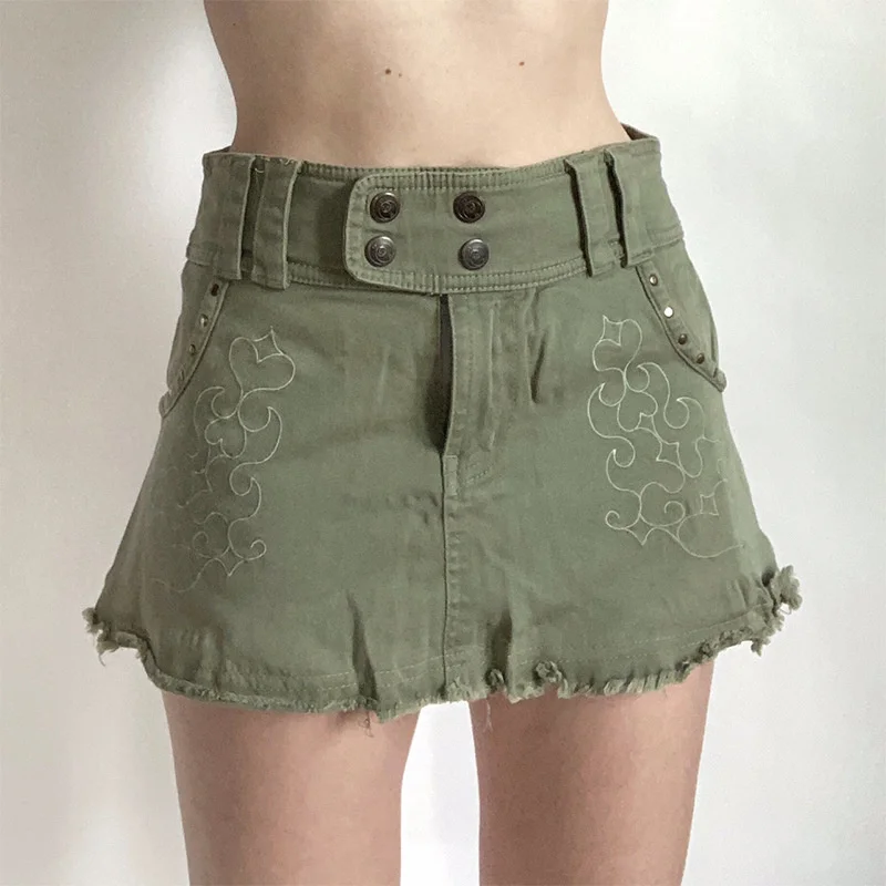 

Low Rise Double Breasted Embroidered Denim Raw Edge Short Skirt Green Summer Women Mini Cargo Skirt