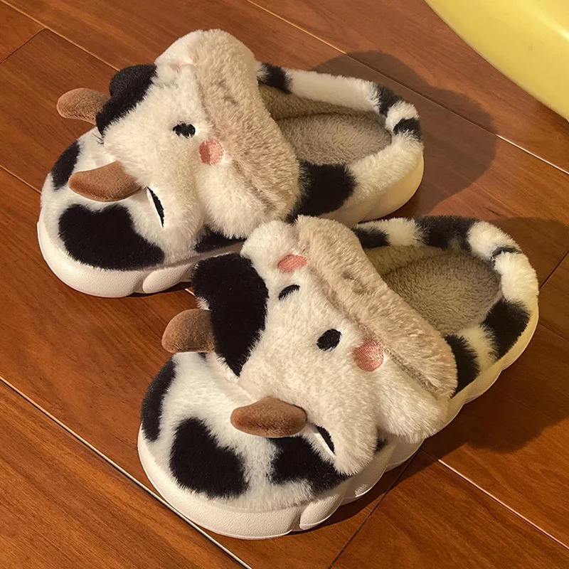 Animal Slipper For Women Girls Kawaii Fluffy Winter Warm Upgrate Slippers Female Cartoon Milk Cow House Cotton Slides Funny Shoe