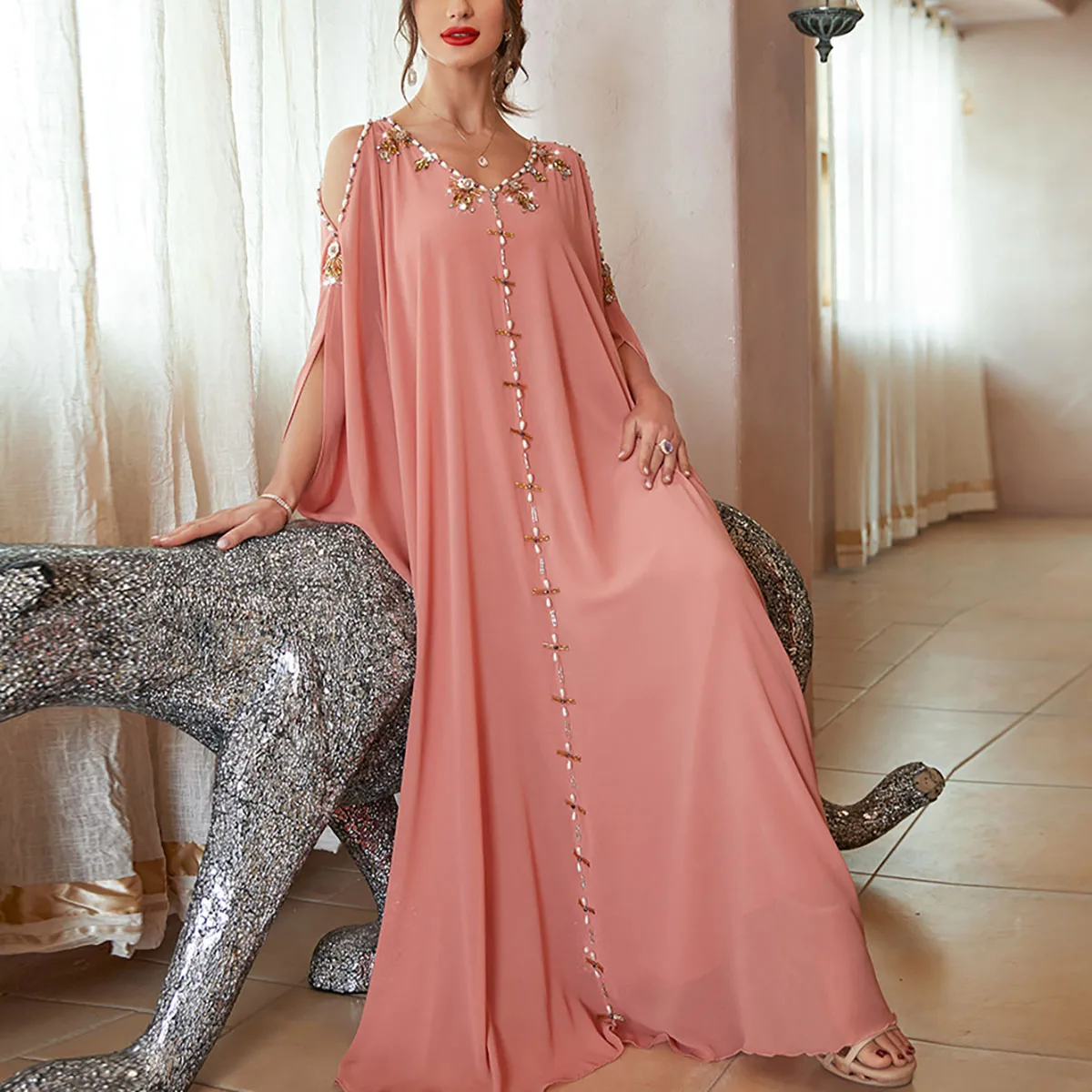 New In Off-Shoulder Spring & Summer Party Hand-Stitched Drill Large Swing Kaftan Dress